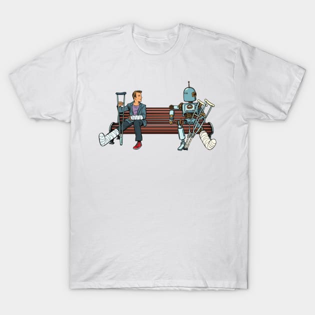 Human And Robot With Broken Legs T-Shirt by waltzart